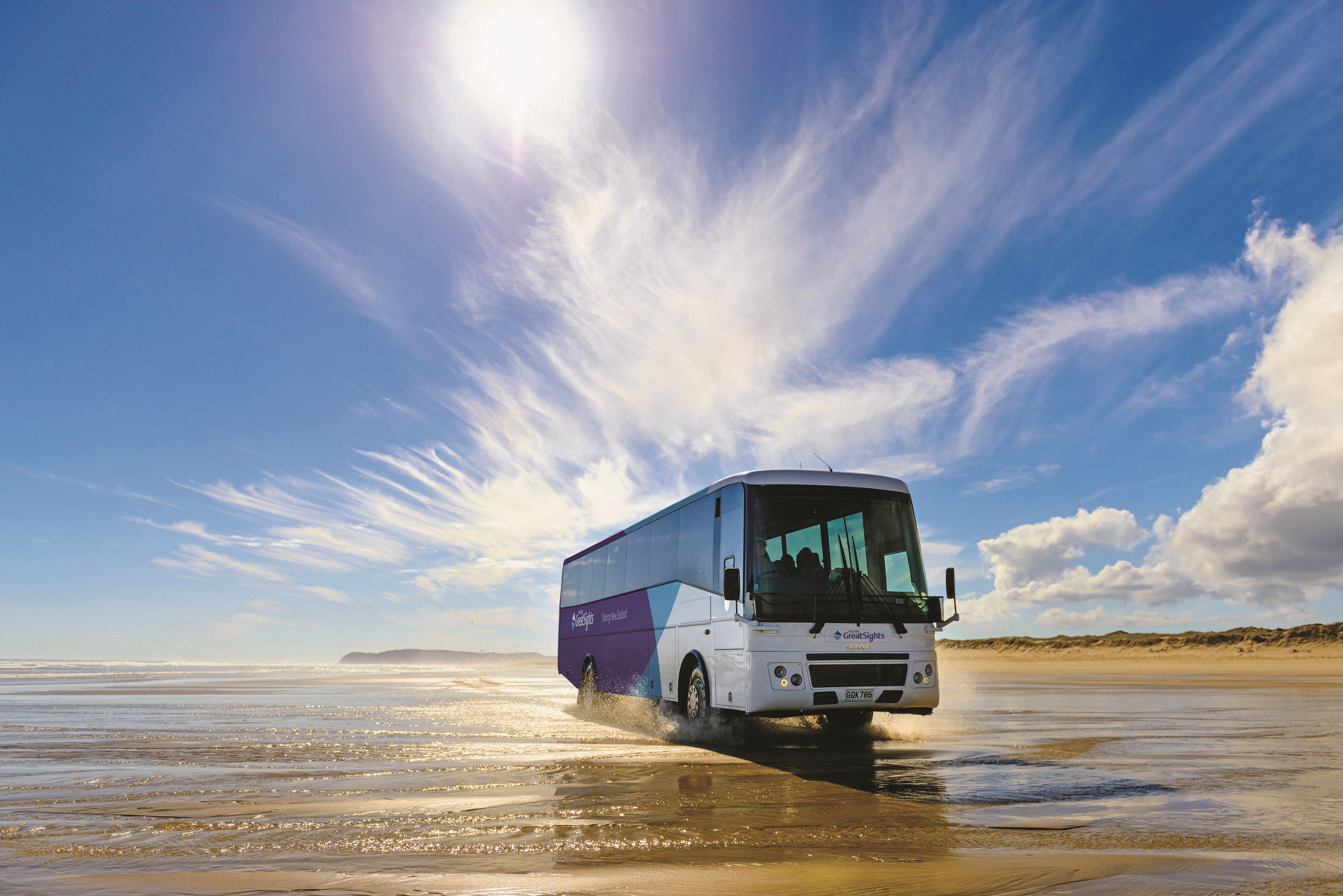 Fullers Bay of Islands | Northland, New Zealand | Bus driving on Ninety Mile Beach